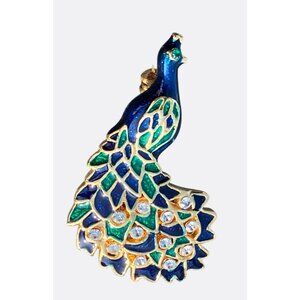 Peacock Enamel Brooch Pin With Rhinestones Blue & Green
